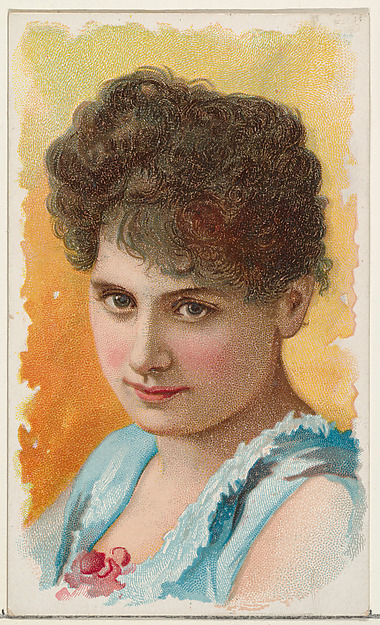 Actress wearing blue sleeveless bodice with red flower at neckline, from Stars of the Stage, First Series (N129) issued by W. Duke, Sons & Co. to promote Honest Long Cut Tobacco