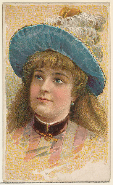 Actress wearing wide-brimmed blue hat with white feathers, from Stars of the Stage, First Series (N129) issued by W. Duke, Sons & Co. to promote Honest Long Cut Tobacco