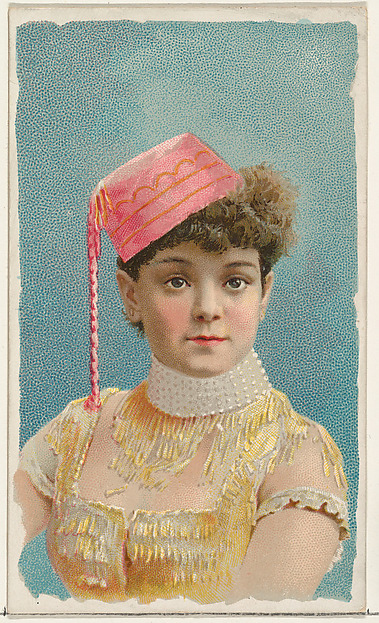 Actress wearing pink fez, from Stars of the Stage, First Series (N129) issued by W. Duke, Sons & Co. to promote Honest Long Cut Tobacco