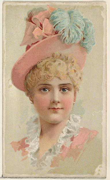 Actress wearing pink hat with blue feathers, from Stars of the Stage, First Series (N129) issued by W. Duke, Sons & Co. to promote Honest Long Cut Tobacco
