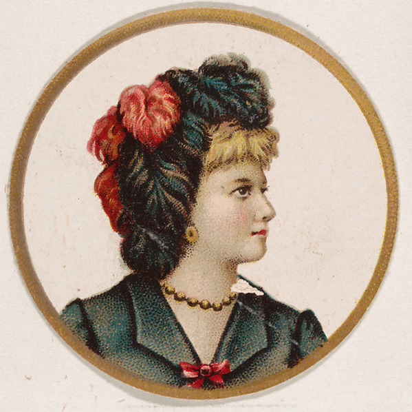 Woman wearing hat with black and red feathers, from the Novelties series (N228, Type 2) issued by Kinney Bros. by Kinney Brothers Tobacco Company, The Metropolitan Museum of Art