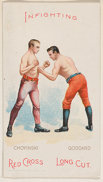 Infighting, Joe Goddard and Joe Chovinski, from the Boxing Positions and Boxers series (N266) issued by P. Lorillard Company to promote Red Cross Long Cut Tobacco
