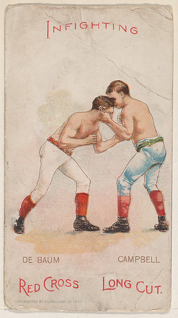 Infighting, Walter De Baum and Walter Campbell, from the Boxing Positions and Boxers series (N266) issued by P. Lorillard Company to promote Red Cross Long Cut Tobacco