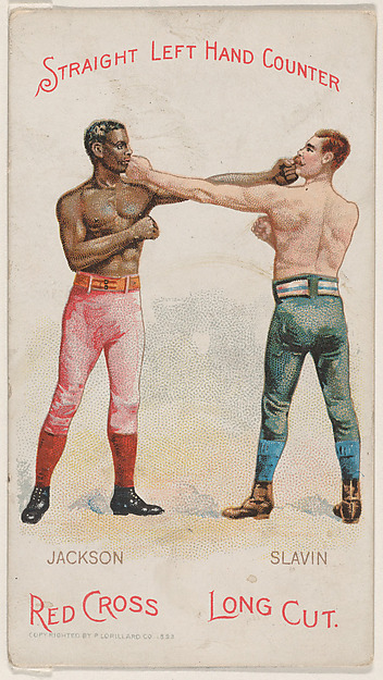 Straight Left Hand Counter, Peter Jackson and Fred Slavin, from the Boxing Positions and Boxers series (N266) issued by P. Lorillard Company to promote Red Cross Long Cut Tobacco