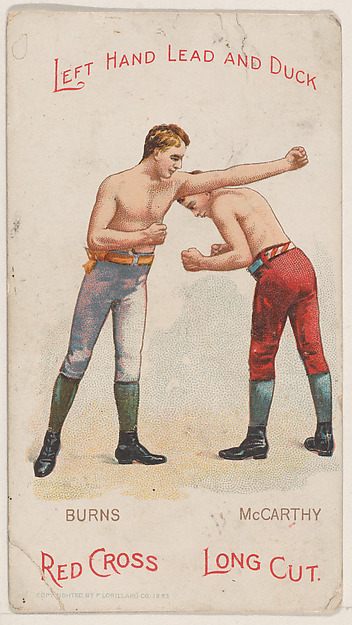 Left Hand Lead and Duck, Bobby Burns and Cal McCarthy, from the Boxing Positions and Boxers series (N266) issued by P. Lorillard Company to promote Red Cross Long Cut Tobacco