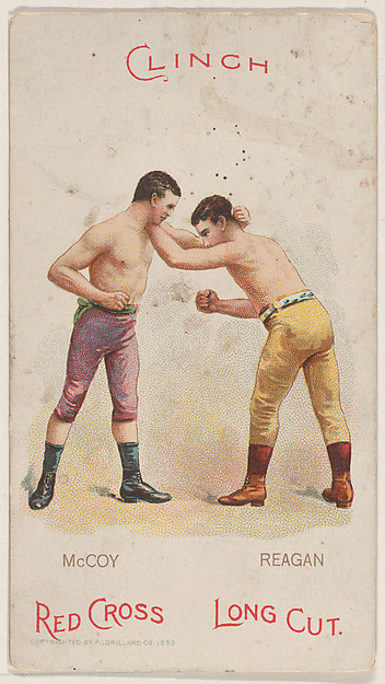 Clinch, Pete McCoy and Johnny Reagan, from the Boxing Positions and Boxers series (N266) issued by P. Lorillard Company to promote Red Cross Long Cut Tobacco