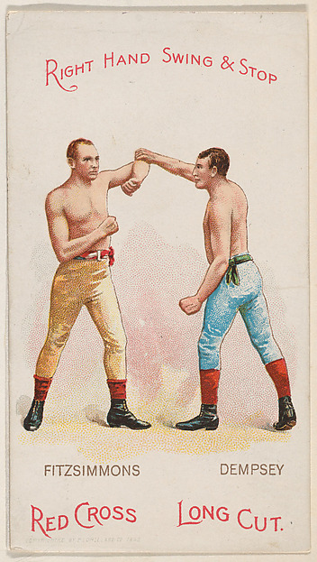 Right Hand Swing and Stop, Bob Fitzsimmons and Jack Dempsey, from the Boxing Positions and Boxers series (N266) issued by P. Lorillard Company to promote Red Cross Long Cut Tobacco