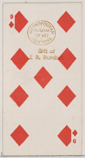 Nine Diamonds (red), from the Playing Cards series (N84) for Duke brand cigarettes by W. Duke, Sons & Co., The Metropolitan Museum of Art