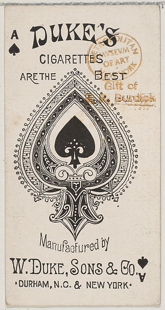 Ace of Spades (black), from the Playing Cards series (N84) for Duke brand cigarettes by W. Duke, Sons & Co., The Metropolitan Museum of Art