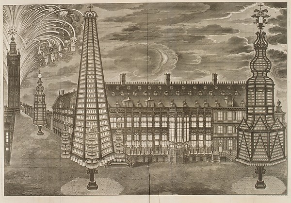 Relation de l' Inauguration Solemnelle de Sa Sacrée Majesté Imperiale et Catholique Charles VI .. comme Comte de Flandres. [Illuminations at the Hôtel de Ville and Fireworks behind the Belfry, Ghent, October 19, 1717] by Jean-Baptiste van Volsum, The Metropolitan Museum of Art