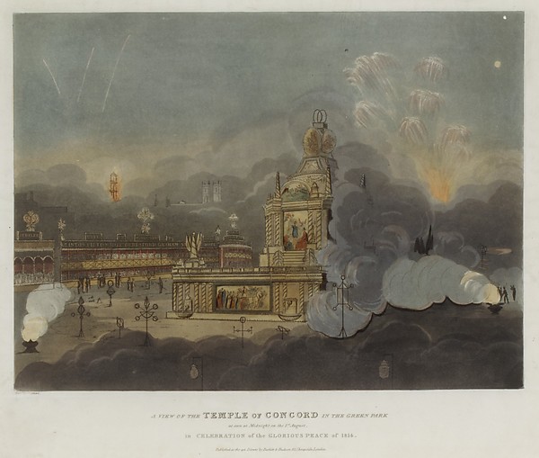 Peace of 1814 and Centennial of the House of Brunswick: A View of the Temple of Concord in Green Park, London, August 1, 1814 by Frederick Calvert, The Metropolitan Museum of Art