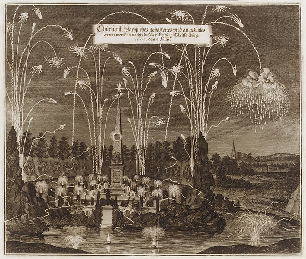 Celebration for the Elector Johann Georg II, Leipzig, July 8, 1667: Fireworks Display by Night