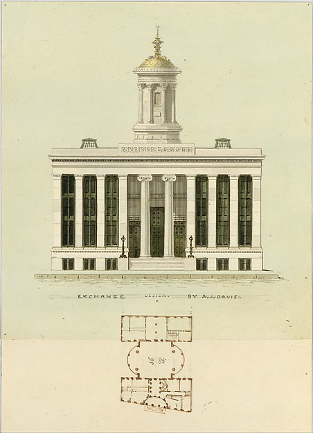 Façade Design and Old Plan for the First Merchant's Exchange, New York  (unexecuted; front elevation and plan)