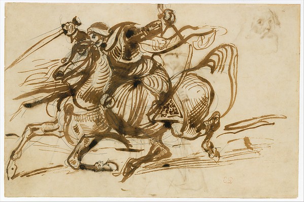 The Giaour on Horseback (recto); Study of a Woman with Head and Arms Thrown Back, and Study of the Head of an Old Man (verso).