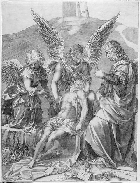The Body of Christ Supported by Three Angels by Agostino Veneziano (Agostino dei Musi)