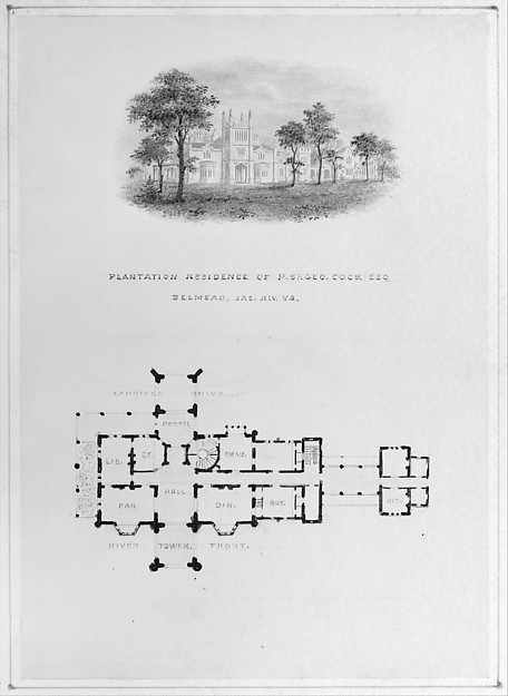Belmead, James River, Virginia (vignette of riverside elevation and plan) by Alexander Jackson Davis, The Metropolitan Museum of Art