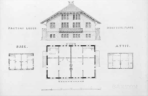 Switz[erland] Cottage (elevation and three plans), and Factory Lodge (elevation and three plans) for Montgomery Place, Annandale-on-Hudson, New York