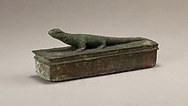 Shrine-shaped case for an animal mummy surmounted by a lizard, Cupreous metal