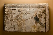 Lintel depicting Horus offering an <em>ankh</em> sign to the Horus name of King Amenemhat I, Limestone, paint