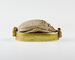 Mounted Scarab Incised with Nefer Sign in Scroll Border, Steatite, gold