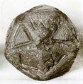Twenty-sided die (icosahedron) with faces inscribed with Greek letters, Faience
