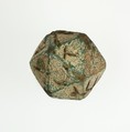 Twenty-sided die (icosahedron) with faces inscribed with Greek letters, Faience