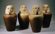 Canopic jar of Nephthys, Indurated limestone, paint, linen