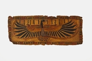 Cartonnage fragment showing goddess with spread wings, Linen, stucco, paint