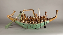 Model Paddling Boat, Wood, paint, plaster, linen twine, linen fabric