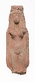 Standing female figurine square headdress, missing most of her legs, Pottery