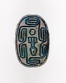 Scarab Inscribed with Hieroglyphs in a Scroll Border, Bright blue glazed steatite