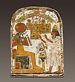 Stela showing Djedbastet adoring Re-Harakhty-Atum, Wood, paste, paint