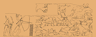 Part of Khety's desert hunt scene, Limestone, paint