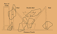 Relief, tomb of Khety: sacred objects to be used in Khety’s funeral rituals, Limestone, paint
