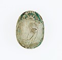 Scarab Inscribed With the Prenomen of Ramesses II and depicting the king in his chariot trampling an enemy, Steatite, blue glaze
