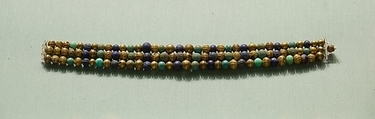 Three Strings of Beads, Gold, lapis-lazuli, turquoise glass