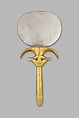Mirror with Hathor Emblem Handle, Silver disk with a wood (modern) handle sheathed in gold; the inlays are modern