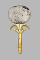 Mirror with Hathor Emblem Handle, Silver disk with a wood (modern) handle sheathed in gold; the inlays are modern