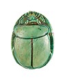 Scarab Inscribed with the Name Maatkare (Hatshepsut) Flanked by Two Falcons, One Proffering an Ankh, Steatite (glazed)