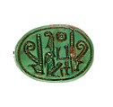 Scarab Inscribed for the Perfect God Maatkare (Hatshepsut), Flanked by Two Red Crowns, Steatite (glazed)