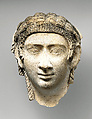Mask of a woman with corkscrew locks and bangs, Plaster, paint