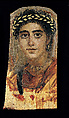 Portrait of a young woman in red, Encaustic on limewood with gold leaf