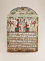 Stela of the temple servant of Amun Irtihareru adoring Re-Harakhty and Atum, Wood, gesso, paint