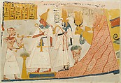 Deceased censing and libating to the deified Mentuhotep and Ahmose-Nefertari, with the Hathor cow emerging from the mountain; Tomb of Ameneminet, Charles K. Wilkinson, Tempera on paper