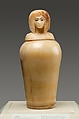 Canopic Jar (07.226.1) with a Lid Depicting a Queen (30.8.54), Travertine (Egyptian alabaster), blue glass, obsidian, unidentified stone