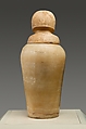 Canopic Jar (07.226.1) with a Lid Depicting a Queen (30.8.54), Travertine (Egyptian alabaster), blue glass, obsidian, unidentified stone