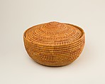 Circular Basket with Conical Lid, Halfa grass, dyed grass, linen cord