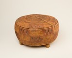 Circular Lided Basket on a Wood Stand, Halfa grass, palm leaf, linen cord, wood