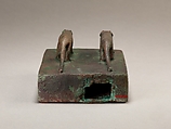 Two ichneumons surmounting a shrine-shaped box for an animal mummy, Cupreous metal