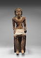 Seated Mitry with echelonned wig, Acacia, gesso, paint
